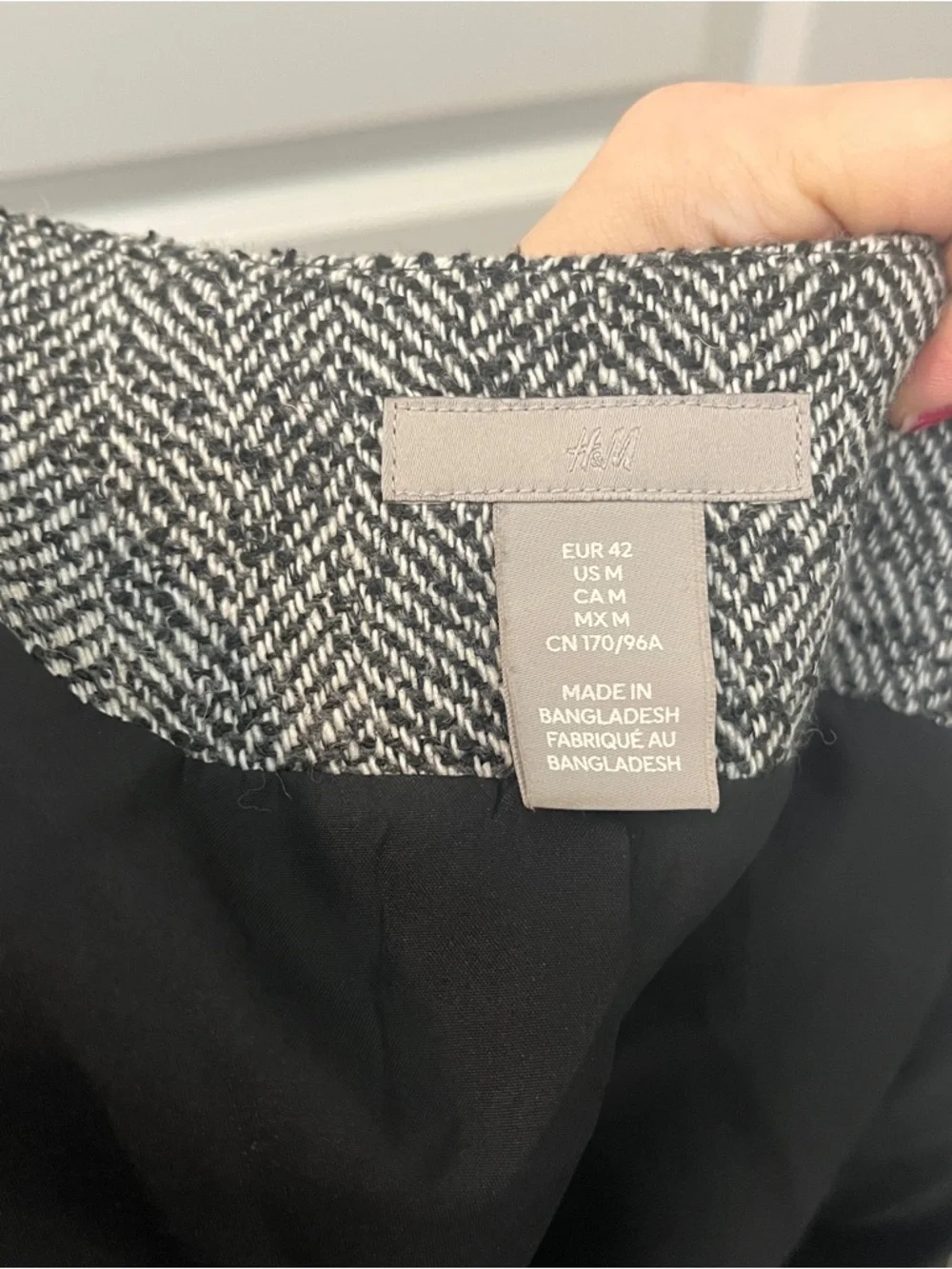 H&M Herringbone Double Breasted Blazer Coat Size M Black‎ White Tweed Wool Blend